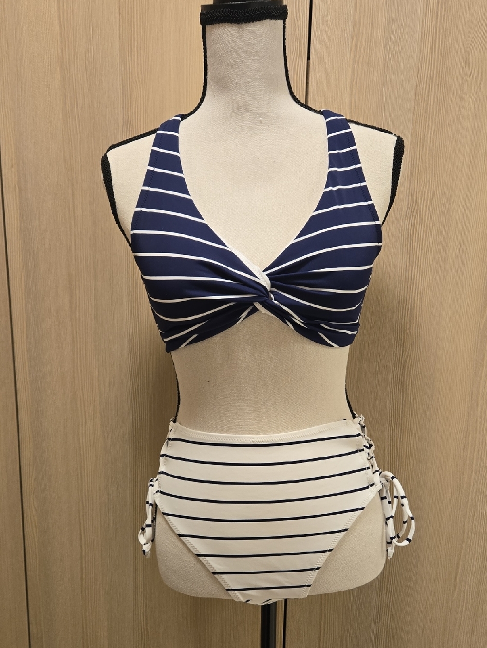 Cupshe Navy & White Striped Twist Front High-Waist Bikini